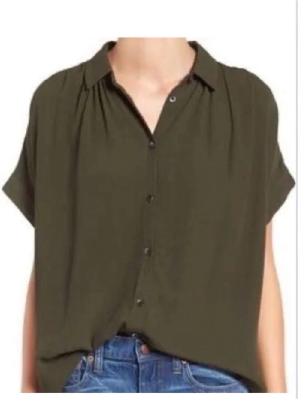 Madewell Drapey Button-Front Short Sleeve Collared Top, Kale, Size M